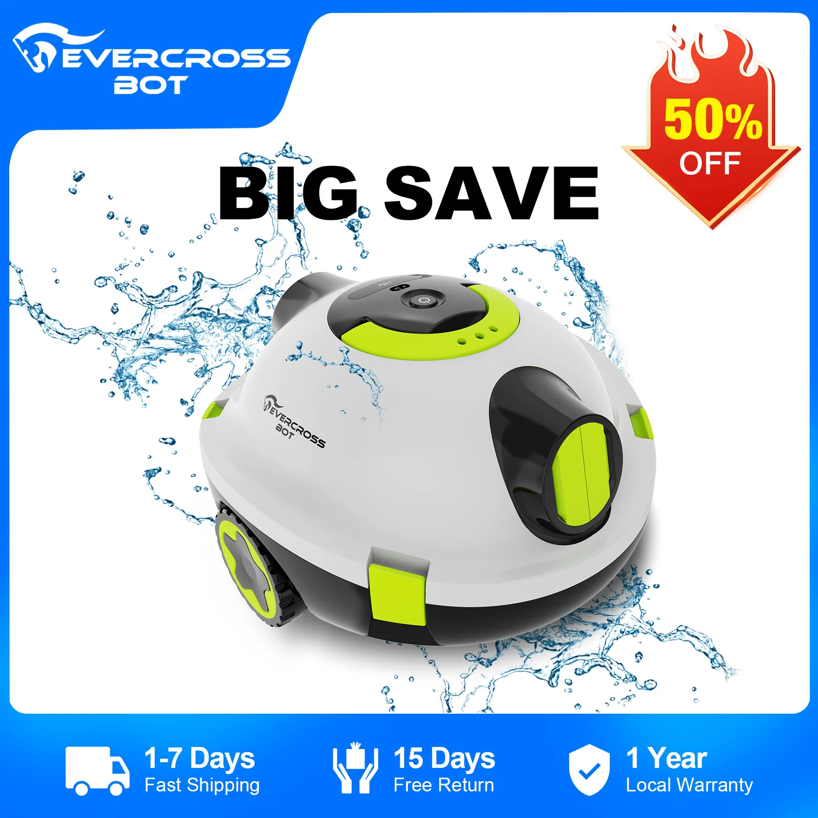 EVERCROSS BOT Y10 Roboty basenowe, 100 min czyszczenia podłogi, obszar czyszczenia 120 m², funkcja samodzielnego parkowania, filtr 180 μm
