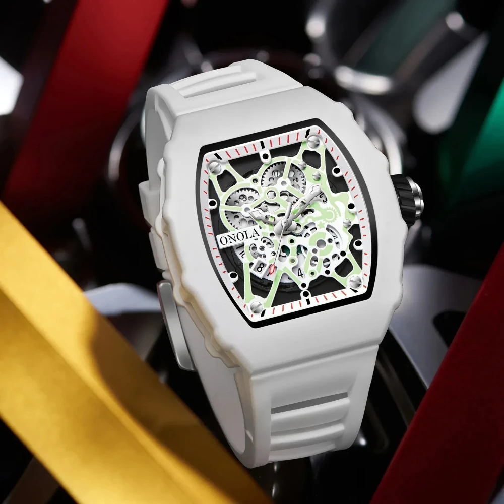 

ONOLA 3827W Skeleton Out Non Mechanical Quartz Men's Watch Luminous Waterproof Fashion Sports Silicone Strap Watches for Men
