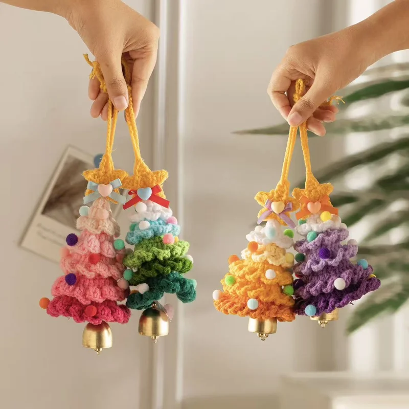 

​​Handmade Knitted Christmas Tree Jingle Bell Plush Christmas Hanging Pendant Wool Crochet Car Hanging Christmas Party Decor