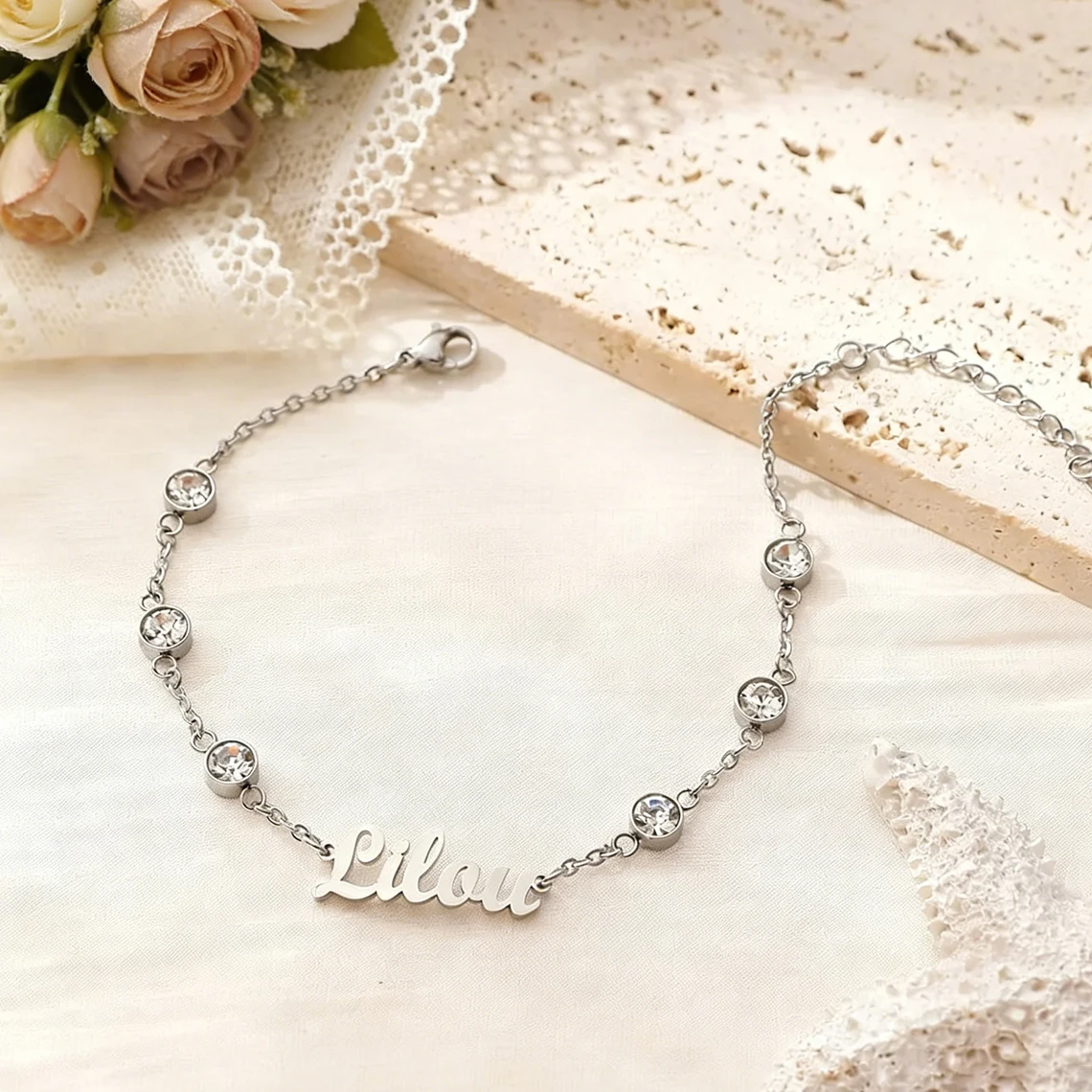 

Personalized Custom Name Bracelet with Birthstone for Kid Women Stainless Steel Shiny Stone Bracelet Couple Birthday JewelryGift