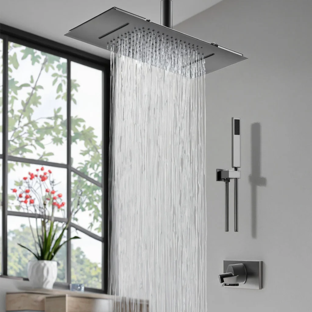 

Luxury Ceiling 630*330 MM Waterfall Rain Shower Head Set Gray 4 Way Thermostatic Brass Square Modern Shower Full System Body