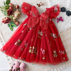 2024 New Year Christmas Dress for Girls 1 to 5 Years Embroidery Princess Flower Dress Butterfly Sweet Birthday Party Red Dress