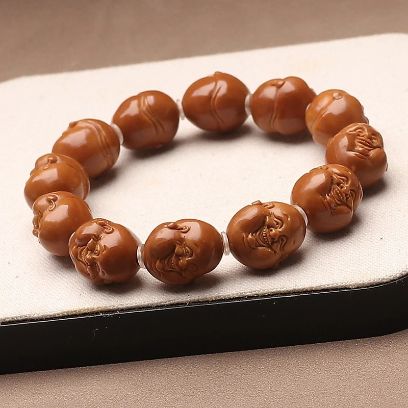 Life'S Various Faces: Handmade Stone With Happy Laughing Buddha - Fun Olive Wood Bracelet
