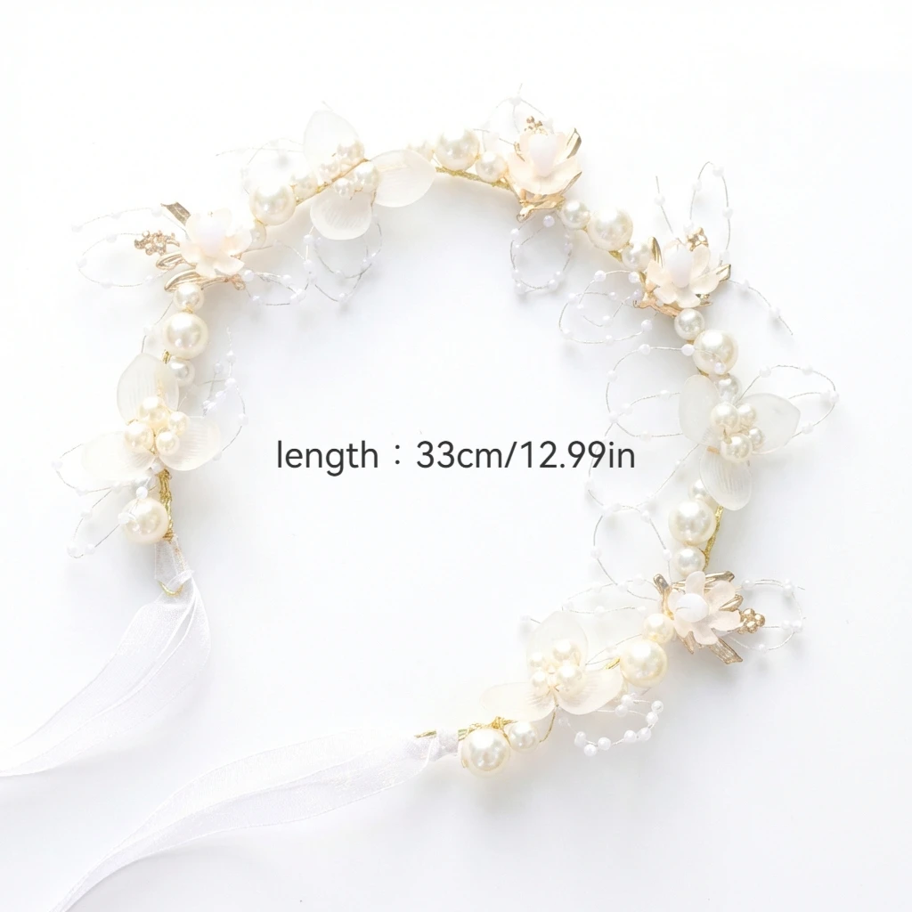 Fairy Imitation Pearl Sweet Flower Wreath Headband Headwear for Ladies with Party Wedding Birthday Princess Hair Accessory image 5