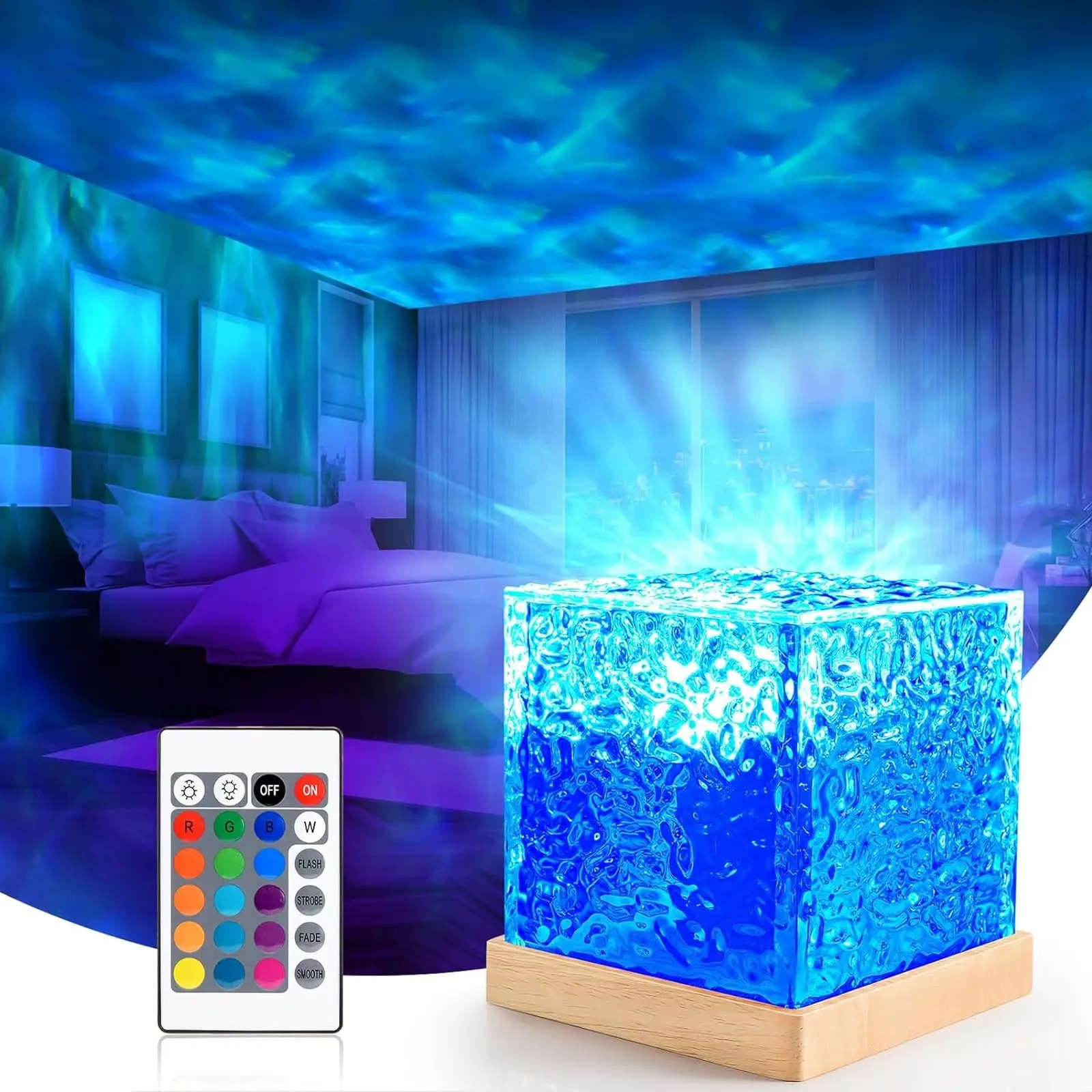 Dynamic Rotating Water Ripple Projector Night Light 16 Colors Flame Crystal Lamp for Living Room Study Bedroom Dynamic Rotating