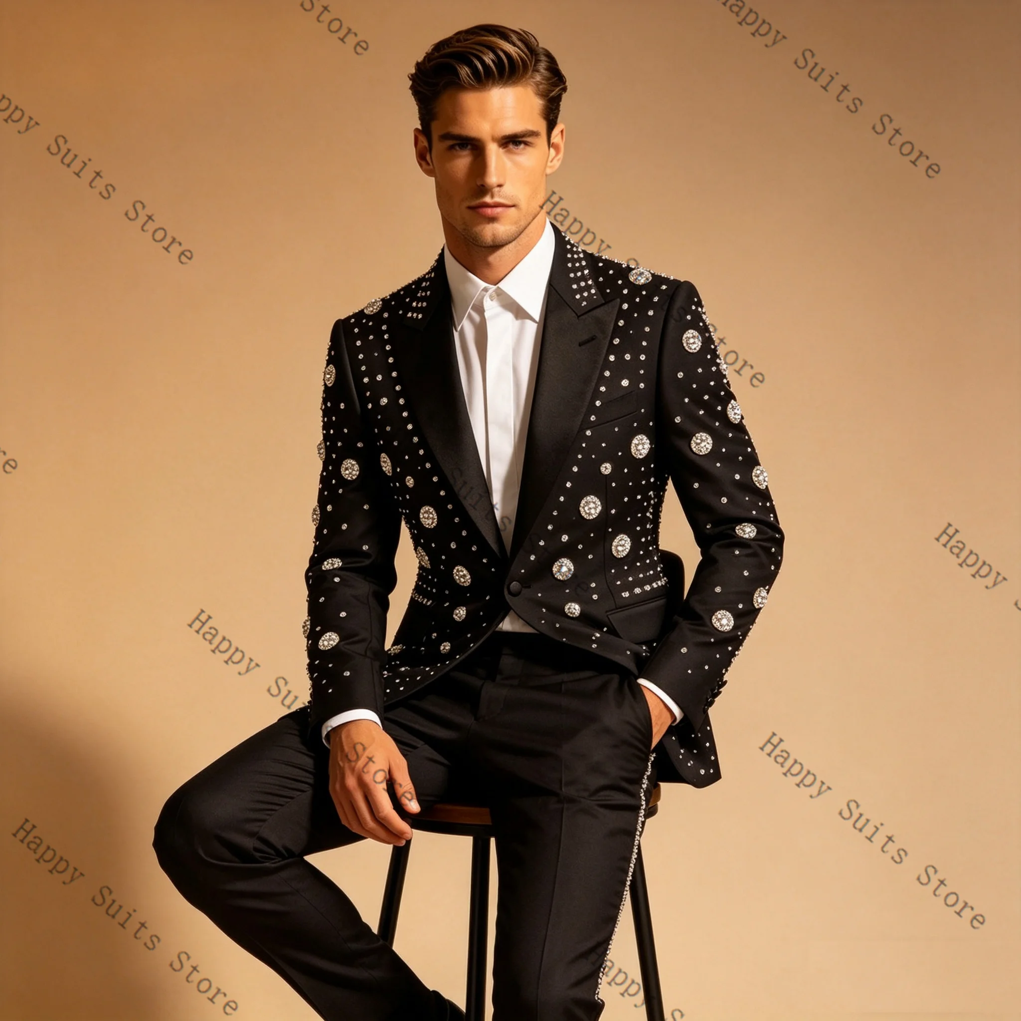 

Crystals Black Cotton Men Suit Set 2 Pcs Blazer+Pants Trousers Formal Office Coat Wedding Tuxedo Customized Jacket Outfit