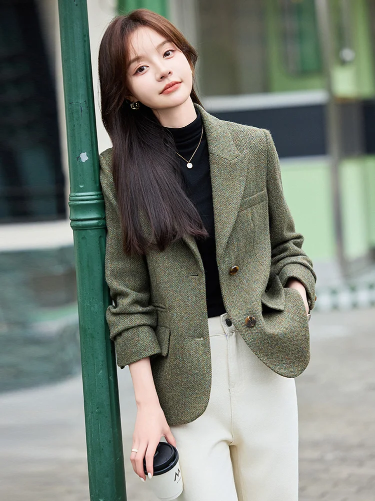 

Woolen Suit Jacket Women's Spring Autumn Loose Fashionable Elegant Small Size Western Style Button Up Long Sleeve