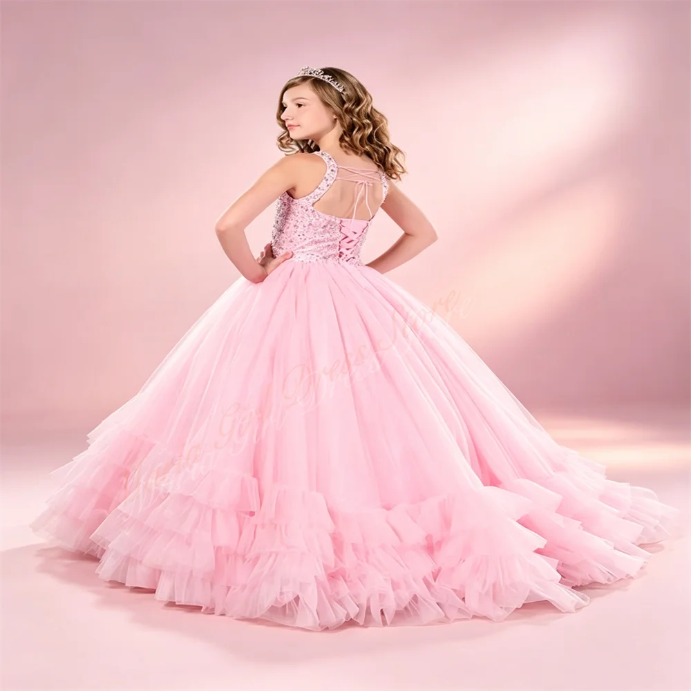 Sparkling High-quality Mesh Girls' Dress Fluffy with Tie-back Train Suitable for Weddings First Birthday Party Custom Dresses