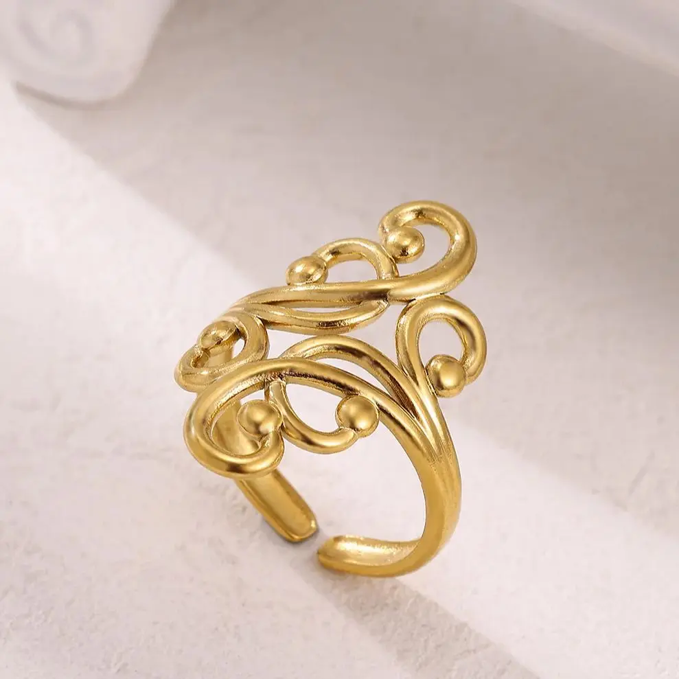 Stainless Steel Flower Pattern Rings for Women Gold Color Ring Elegant Scroll Design with Beaded Fashion Valentine Jewelry Gift