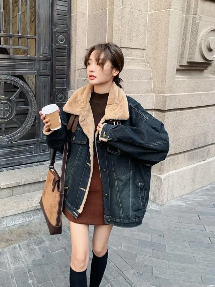 

Denim Coats For Woman Lapel Long Pink Sleeve Jackets Female Fur Plush Womens Autumn Inner Padded Ultra-Short Waistband Training