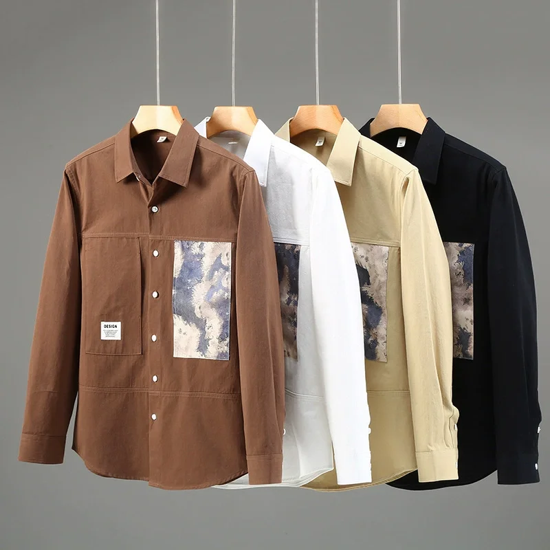 Natural Cotton Trendy Shirts For Men Long Sleeved Patchwork Print Spring Quality Workwear Breathable All Match Camisas De Hombre