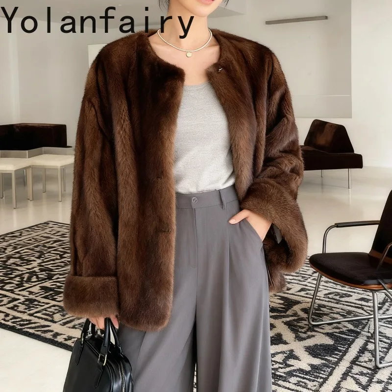 YOLANFAIRY manteau de fourrure naturelle femme de luxe hiver élégant réel entier manteaux de fourrure de vison mode couleur café veste de fourrure vêtements d'extérieur