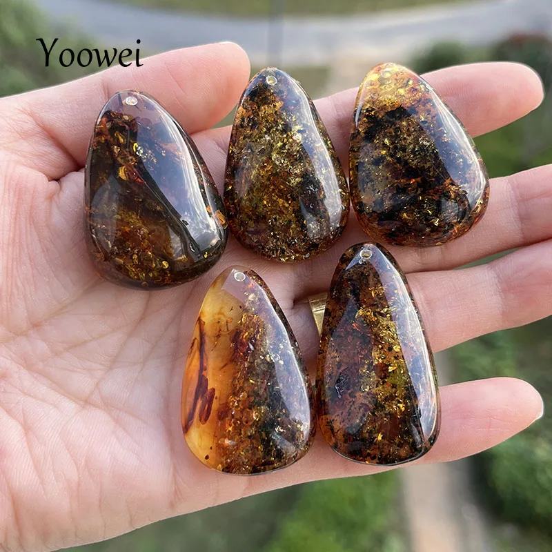 New Natural Floral Amber Pendant Real Gemstone Beads Women Men Diy Chain Necklace Earrings Waterdrop Unique Fine Jewelry