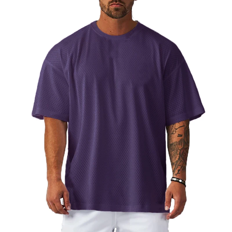 Oversized T Shirt Mens O Neck Dropped Shoulders Hip Hop Loose Gym Clothing Mesh Half Sleeve Fitness Bodybuilding T-shirt