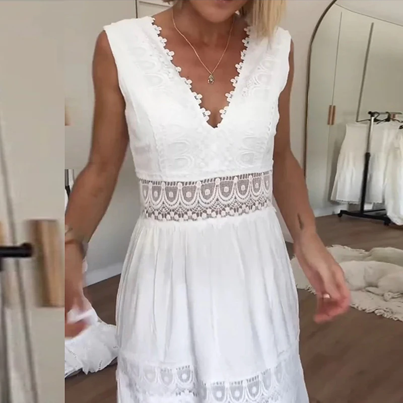 Mode Jacquard Kant V-hals Vrouwen Jurken Gehaakte Gesplitste Hol Sexy Effen Jurken Zomer Mouwloze Borduren Galajurk