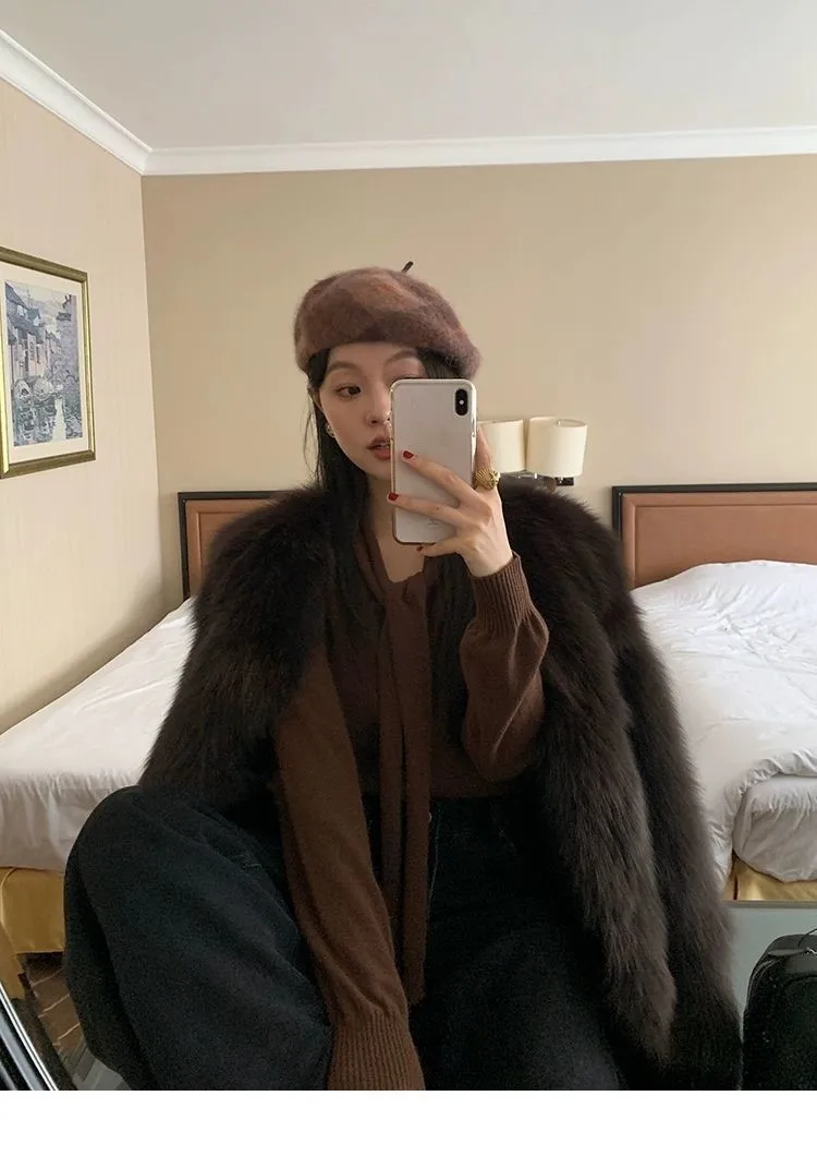 

Женское пальто из искусственного меха и шерсти, мягкое, нежное, с ажурными вставками, двухцветное, пушистое, вязаное, струящееся, с отложным воротником, приталенное