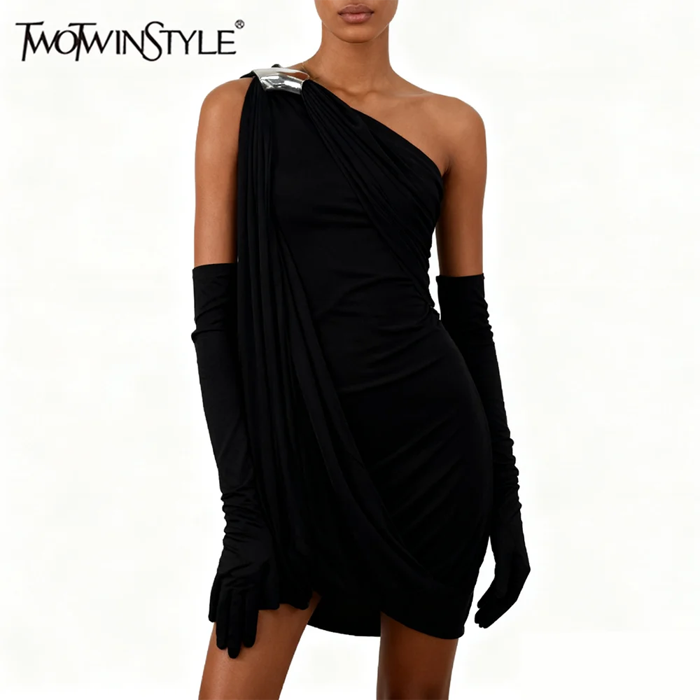 TWOTWINSTYLE Solid Spliced Folds Irregular Mini Dresses for Women Diagonal Collar Sleeveless Patchwork Sequined Dress Female New