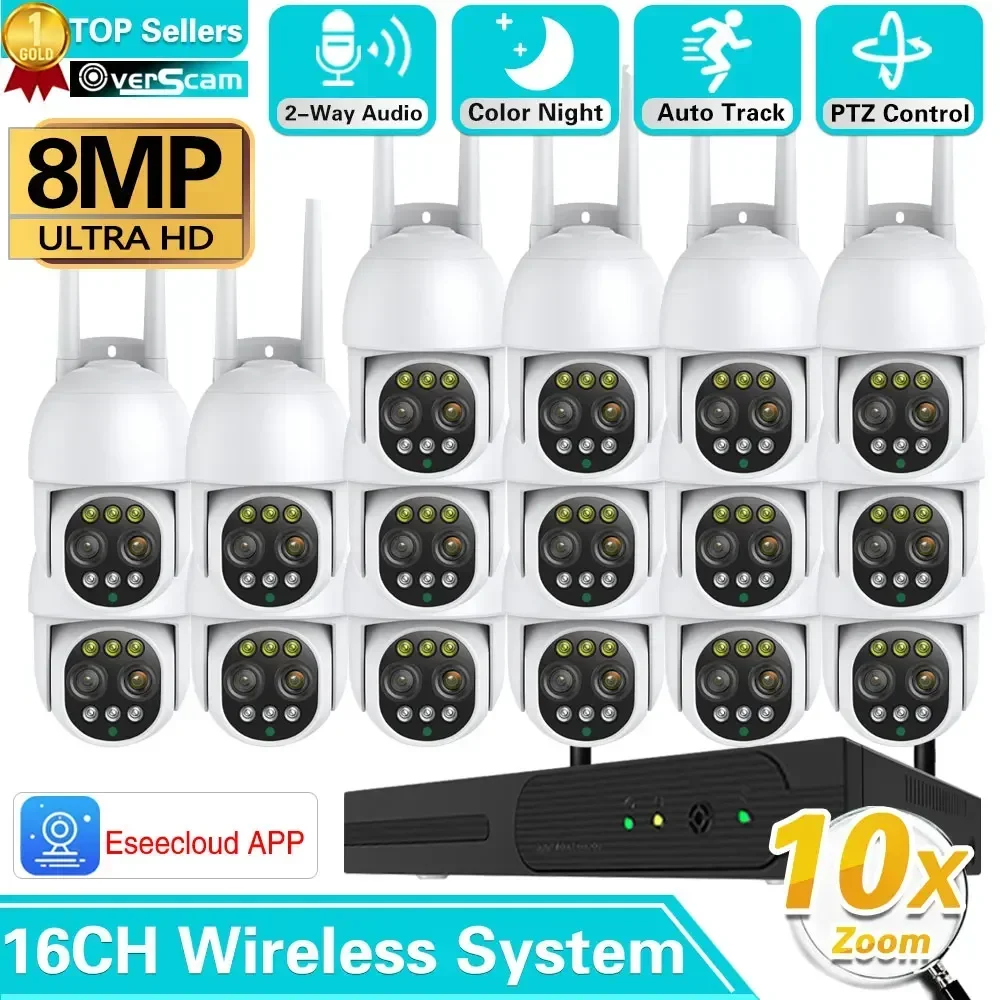 

PTZ 8MP Dual Lens 16CH Wireless Surveillance Security System Human Detection Auto Track WIFI NVR 10X Camera Kit Two Way Audio