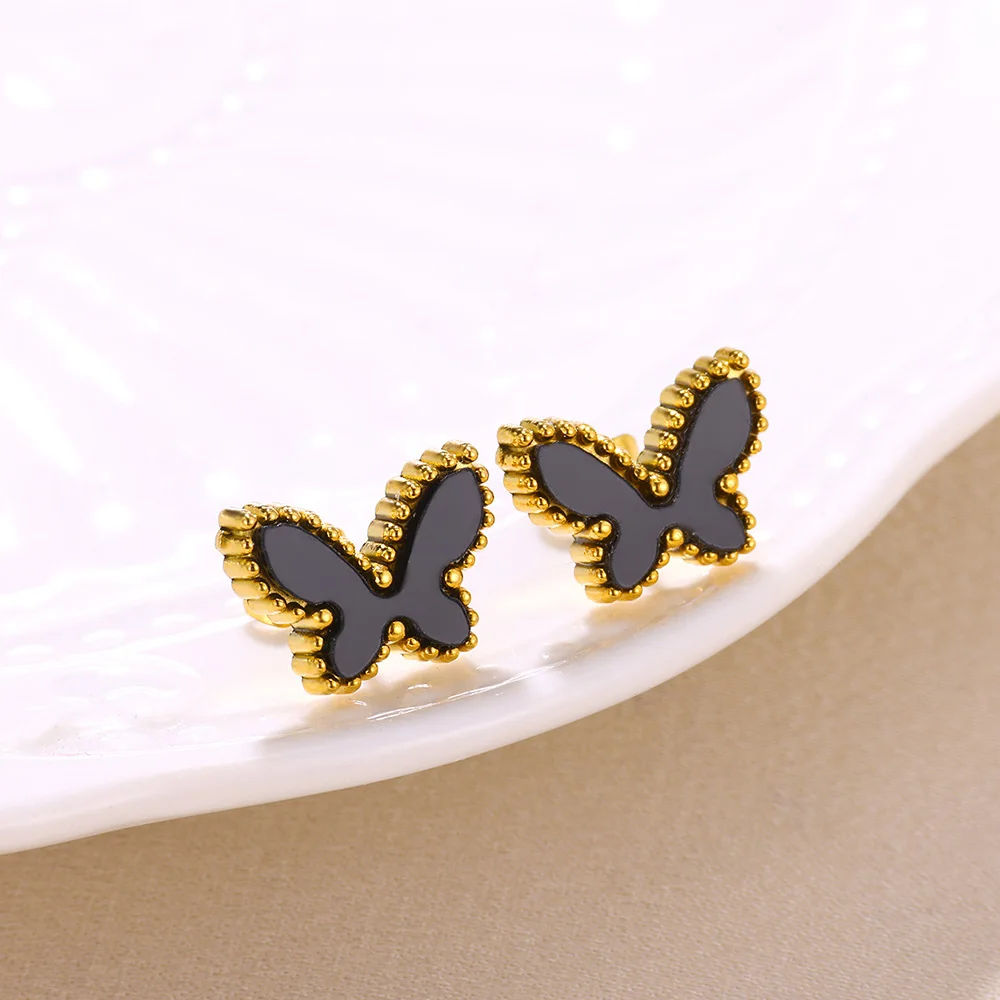 Piccoli orecchini a bottone a farfalla in acciaio inossidabile nero bianco acrilico pavimentato donne ragazze adolescenti gioielli alla moda regalo di compleanno 2024