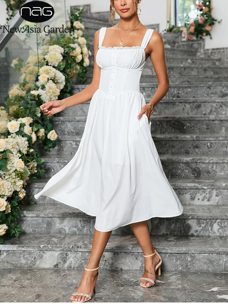 NewAsia Französisches Vintage-Korsettkleid für Damen, quadratischer Ausschnitt, Schnürung am Rücken, fließendes A-Linien-Midikleid für Hochzeitsgäste, Abschlussfeier