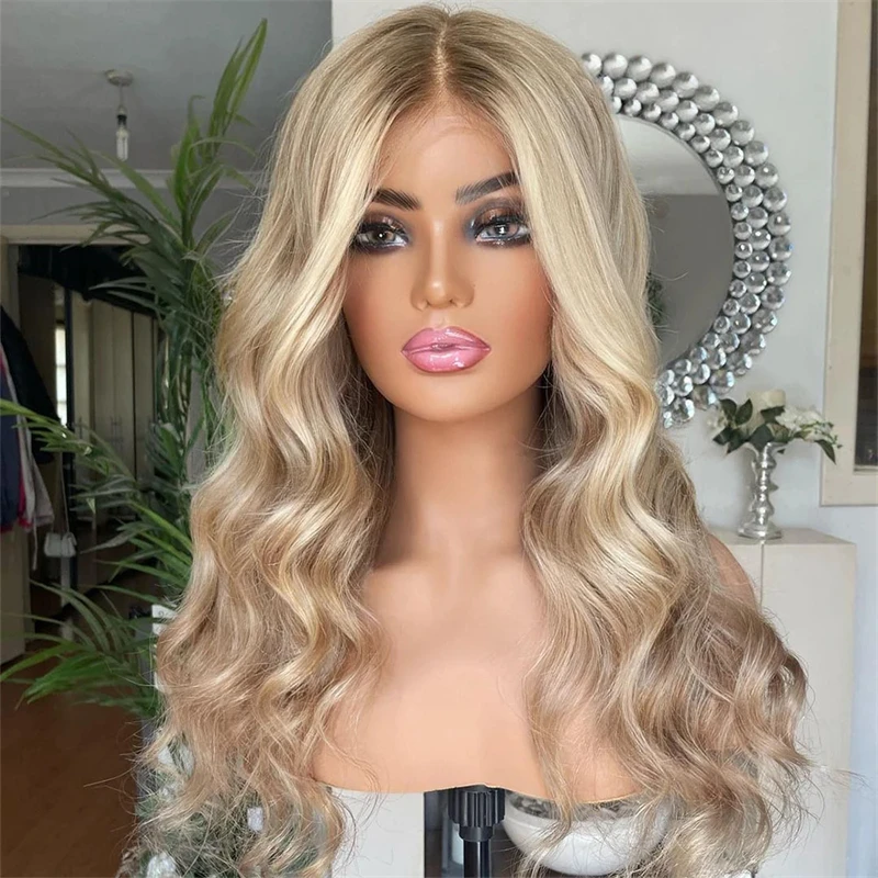 Small Large Head Medium Lace Front Wigs HD 13x4 Synthetic Colored Light Brown with Honey Blonde Highlight Women