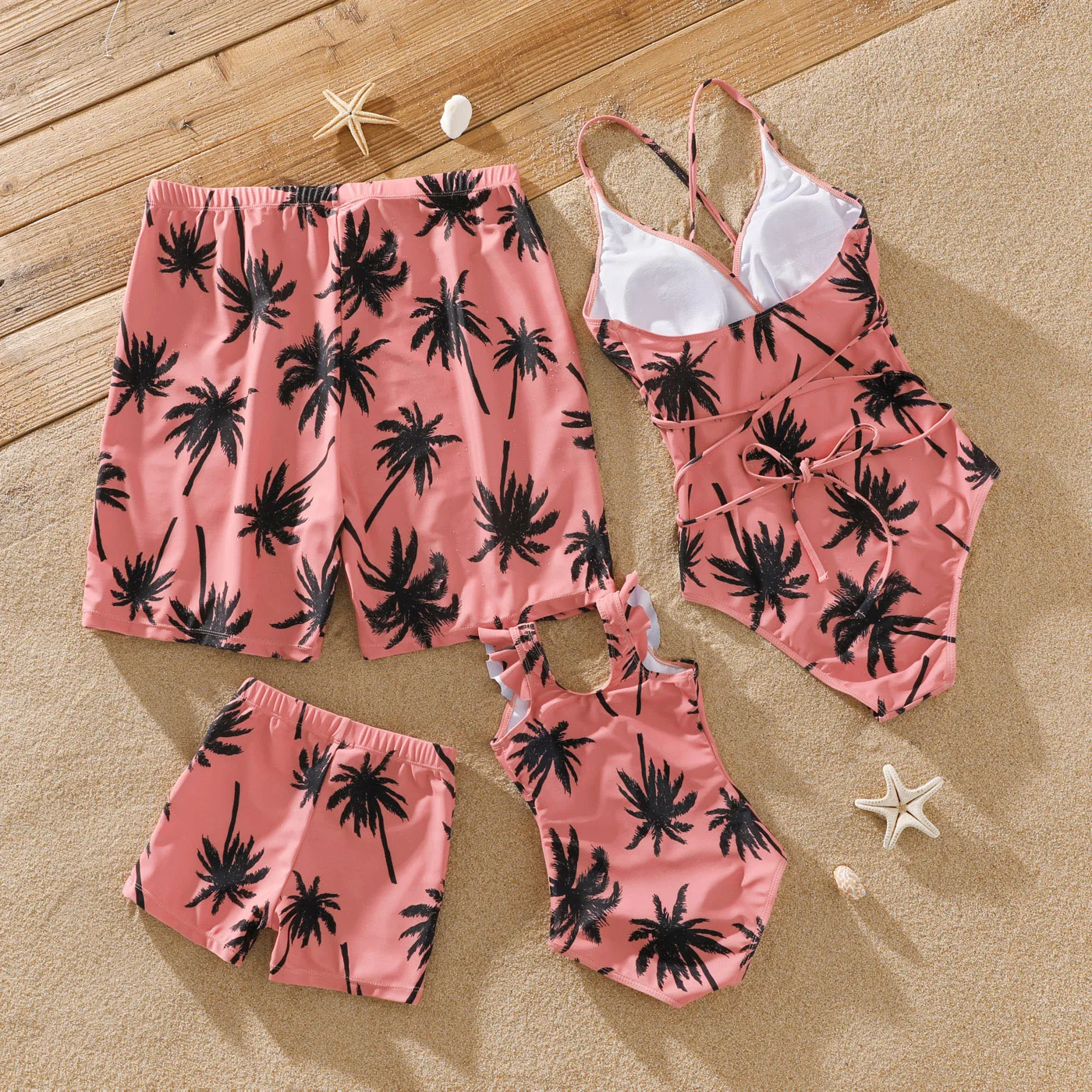 PatPat Family Matching All Over Coconut Tree Print Pink Swim Trunks Shorts Spaghetti Strap One-Piece Swimsuit