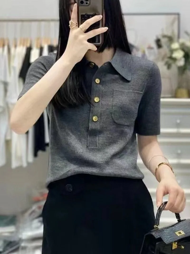 Fashionable Stylish Polo Knitted Short Women's European Style Loose Slimming Half Sleeve Shirt Turn-Down Collar T-Shirt