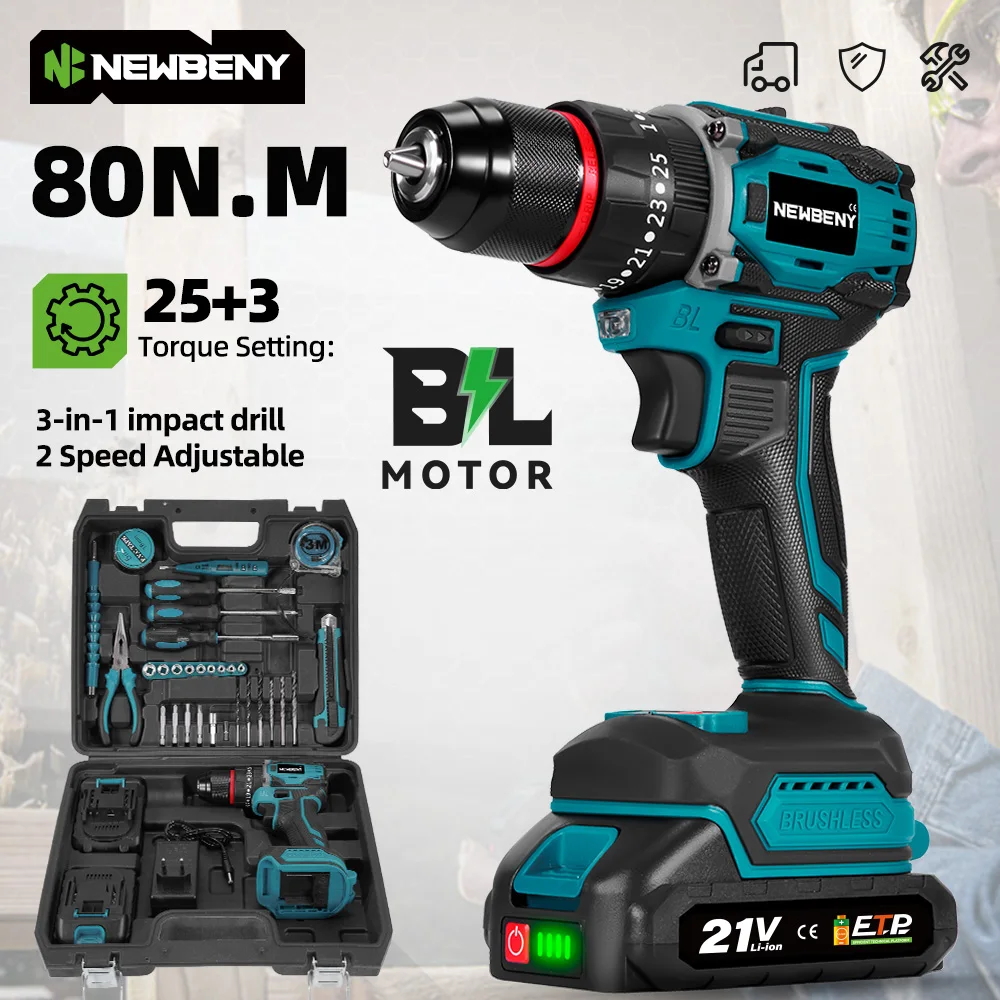 NEWBENY 3 IN 1 80NM Bürstenloser elektrischer Bohrer, kabelloser Schlagbohrer, elektrischer Schraubendreher, Elektrowerkzeuge für Makita 18V Batterie