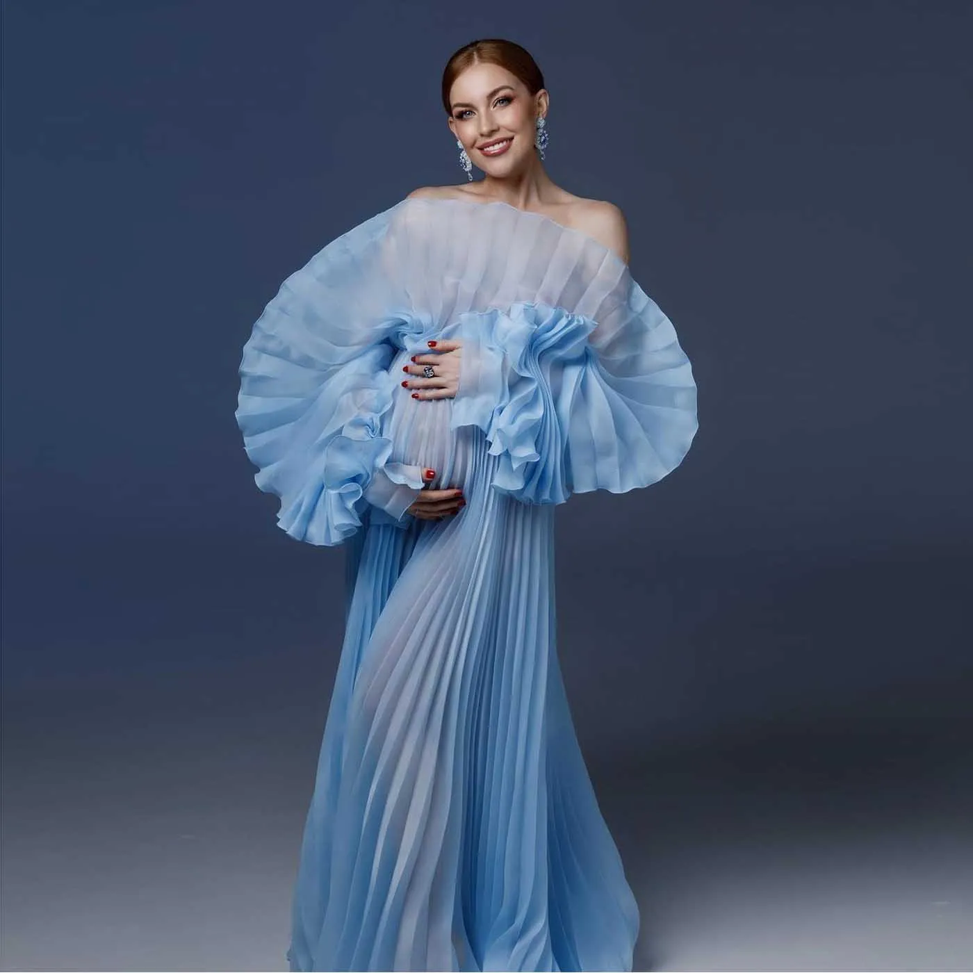 Gorgeous Blue Pleated Maternity Dresses Photoshoot Pregnancy Women Sheer Maternity Gown Pleates Illusion Babyshower Dress