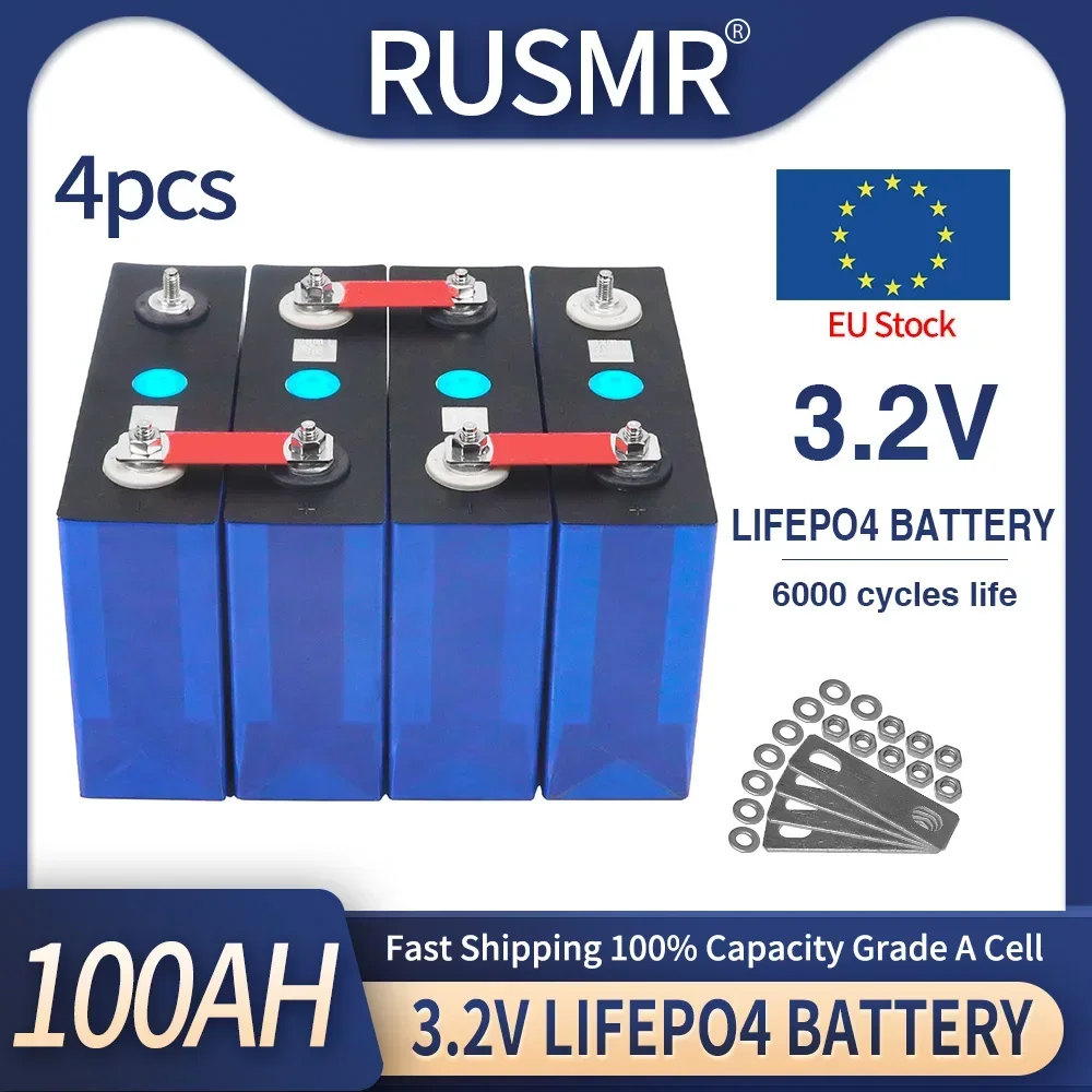 Grade A 4PCS LiFePO4 Cell Pack 3.2V 100AH Lithium Iron Phosphate Rechargeable Battery 6000+ Deep Cycle For Solar Storage Camper