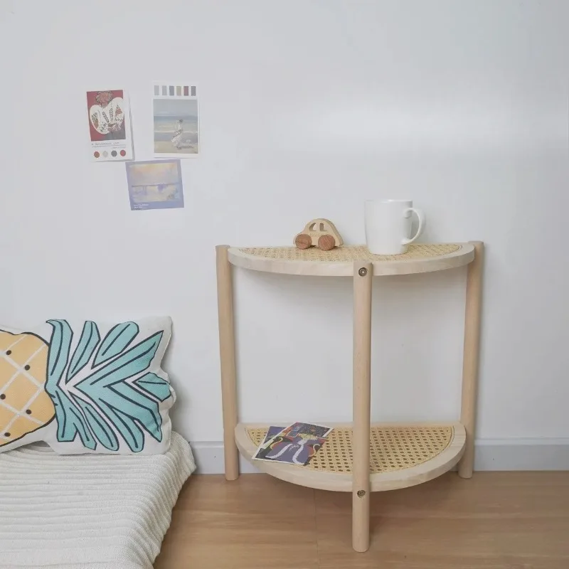 Rattan Wood Bedside Cabinet Small Half-Round Tea Table INS Style Bay Window Side Table Modular Storage for Guesthouse