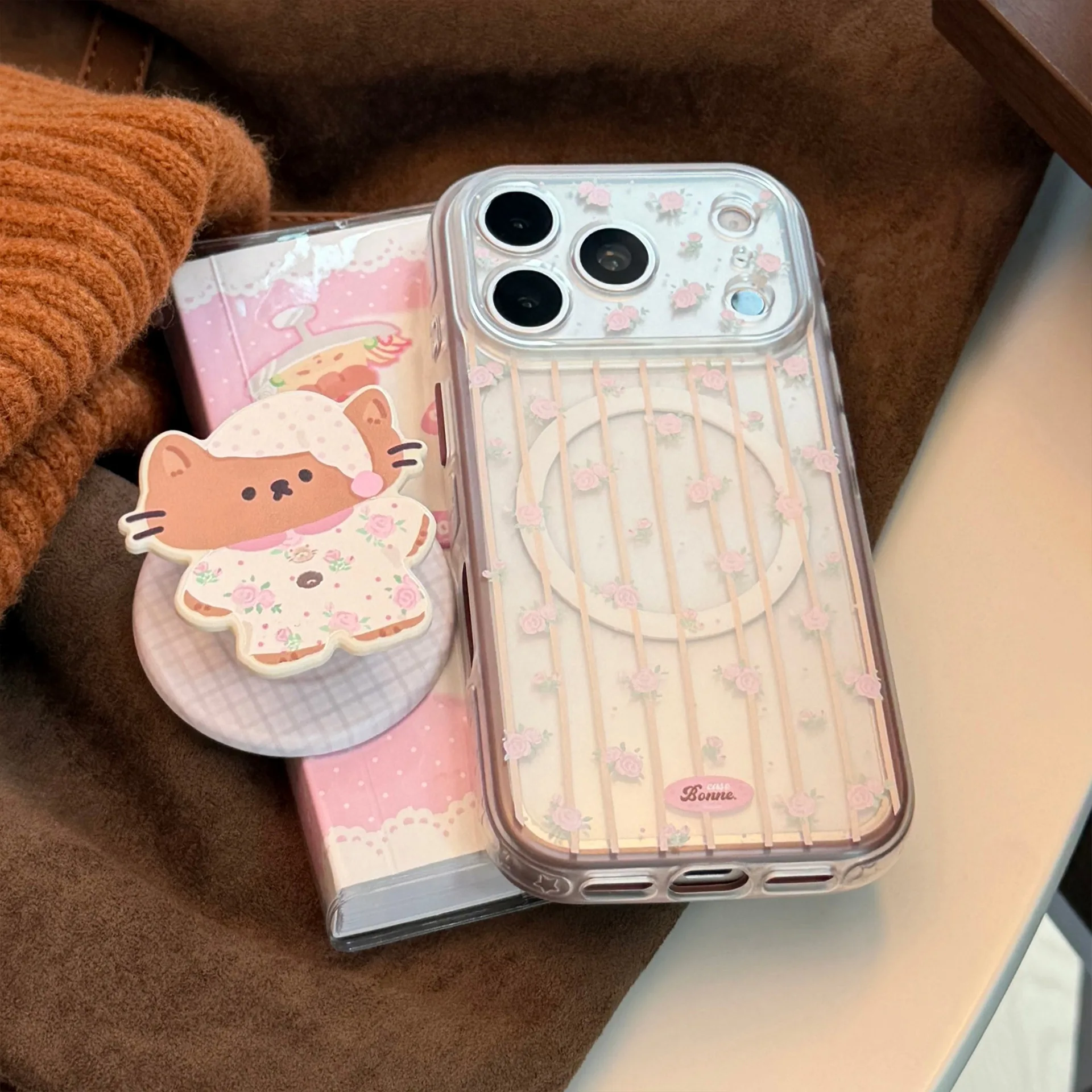Coque de téléphone magnétique avec support pour iPhone 18 17 15 16 Pro Max, motif de fleurs de rose coréennes et de chat, style dessin animé, transparente, antichoc, coque souple