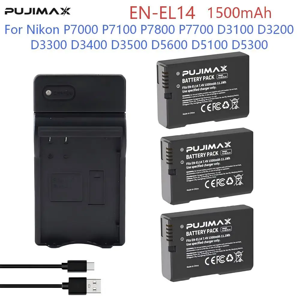 PUJIMAX 1500mah EN-EL14a EL14 CAMERA BATTERY EN-EL14 For Nikon P7000 P7100 P7800 P7700 D3100 D3200 D3300 D3400 D3500 D5600 D5100