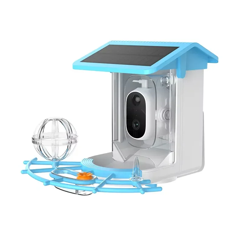 Outdoor modern solar-powered bird detection AI-recognized feeder, equipped with closed-circuit TV IP HD security cameras