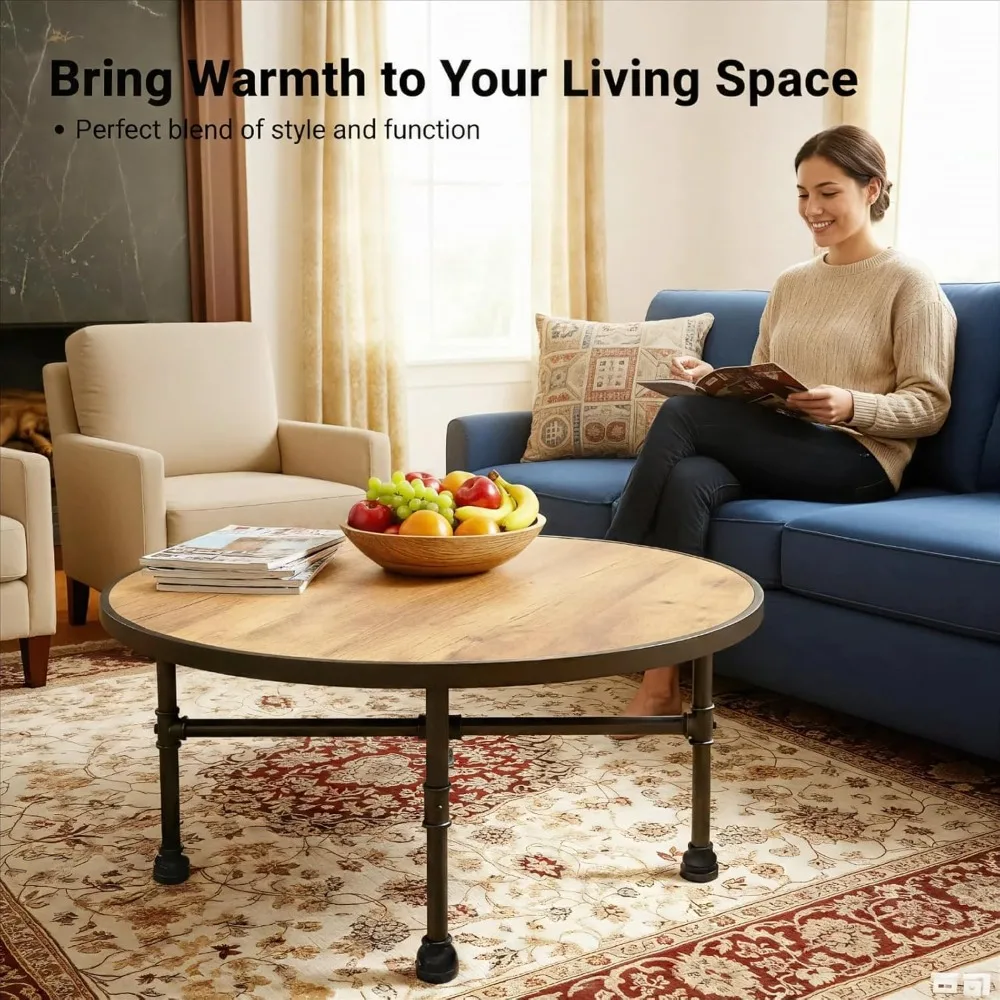 Round Coffee Table, Circle Wood Pottery Barn Coffee Table with Heavy Duty Metal Pipes Legs, Accent Cocktail Table Cen