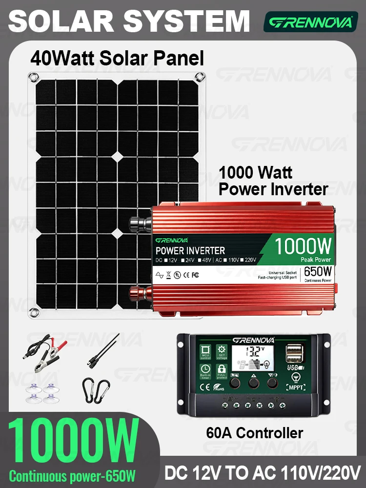Kit de Estación de Energía Solar para Exteriores Grennova de 1000W con Panel de 40W + Inversor de 12V a 110V/220V + Controlador MPPT de 60A, Combo para Respaldo Doméstico