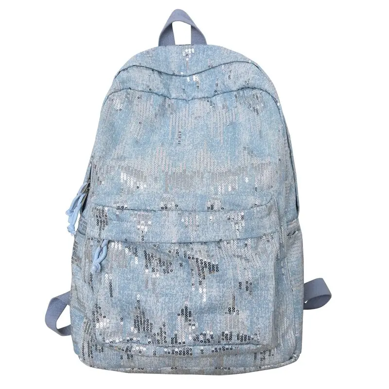 

Denim Sequin Backpack Large Capacity Schoolbag Travel Bag