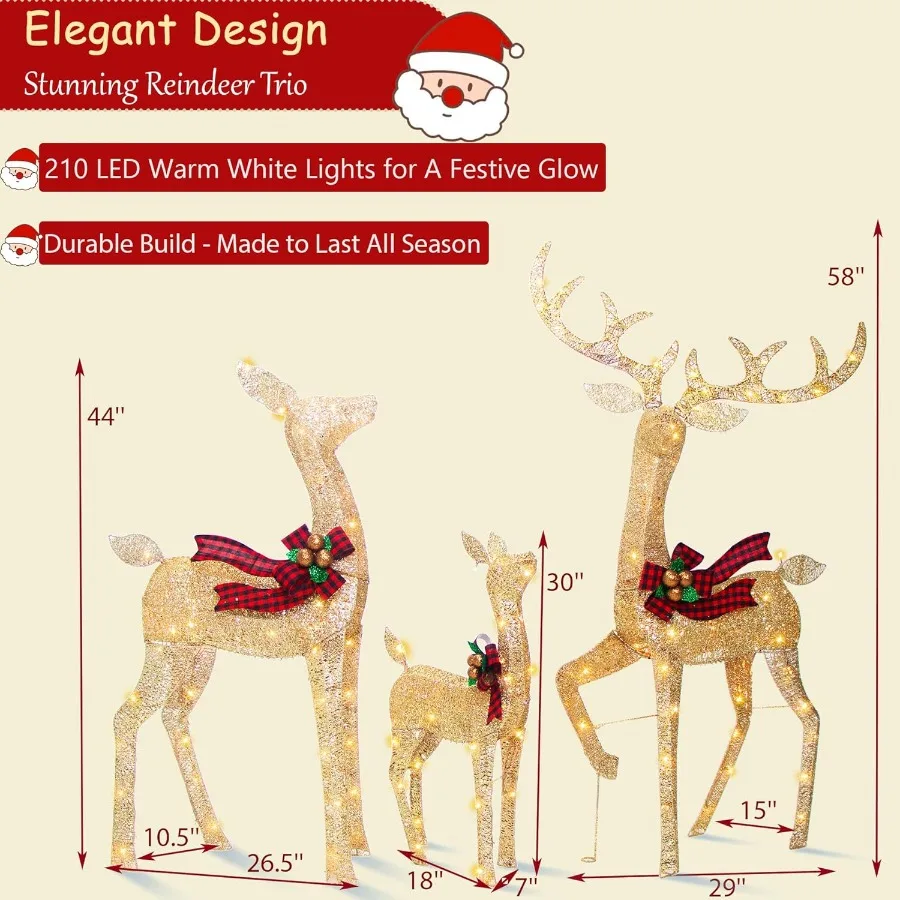 Conjunto de decoração de Natal ao ar livre para família de renas iluminadas de 3 peças com 210 luzes LED para decorações de férias de quintal 58''H animado