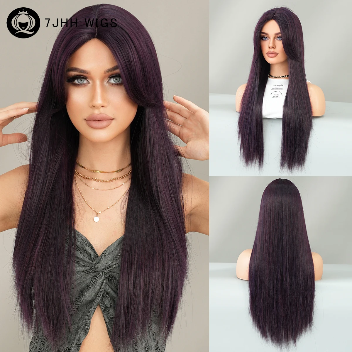 

7JHH WIGS Brunette Wig Long Straight Middle Part Dark Purple Wig for Women Daily High Density Synthetic Heat Resistant Hair Wig