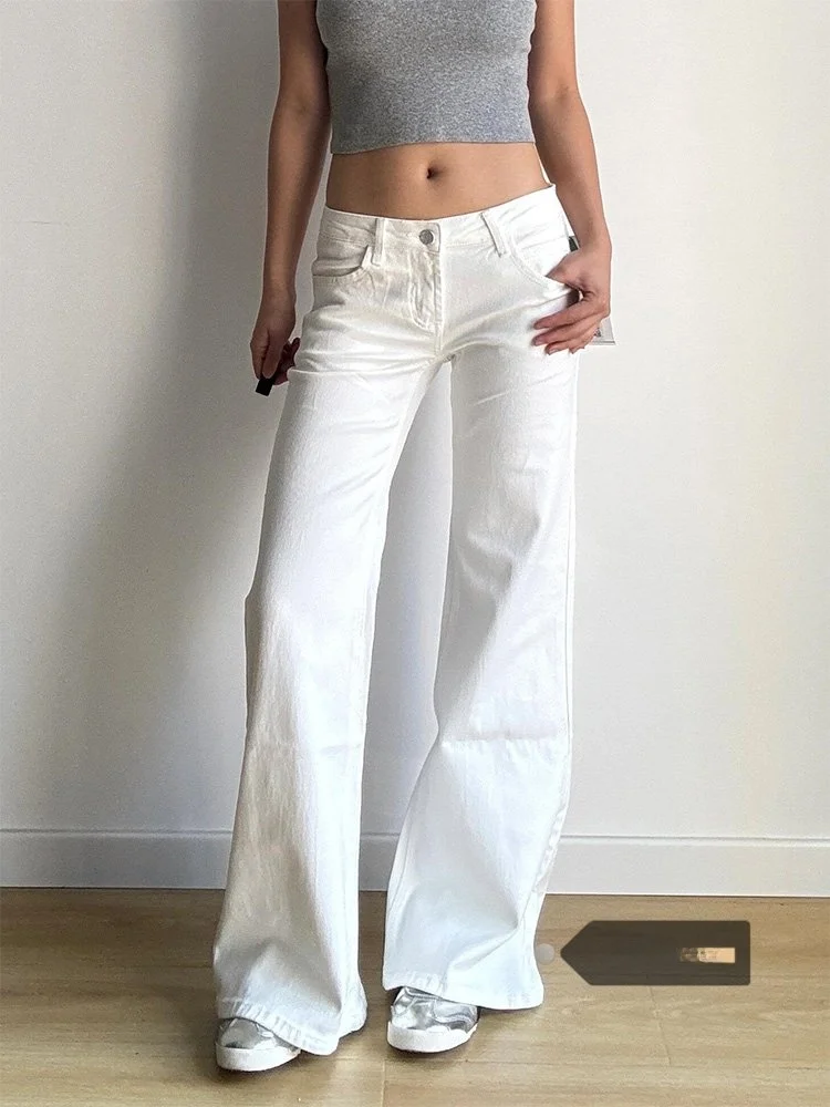 

Low Waist Bell Bottom White Denim Jeans Women's Summer Fashion Design Slimming American Style Hot Girl Floor Length Pants