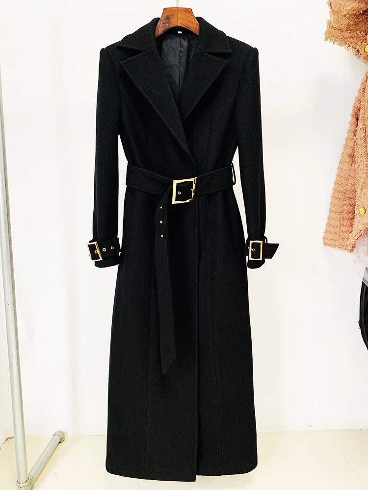 HIGH QUALITY Newest 2024 Fall Winter Fashion Designer Overcoat Women\'s Slim Fitting Belted Wool Blends Long Coat