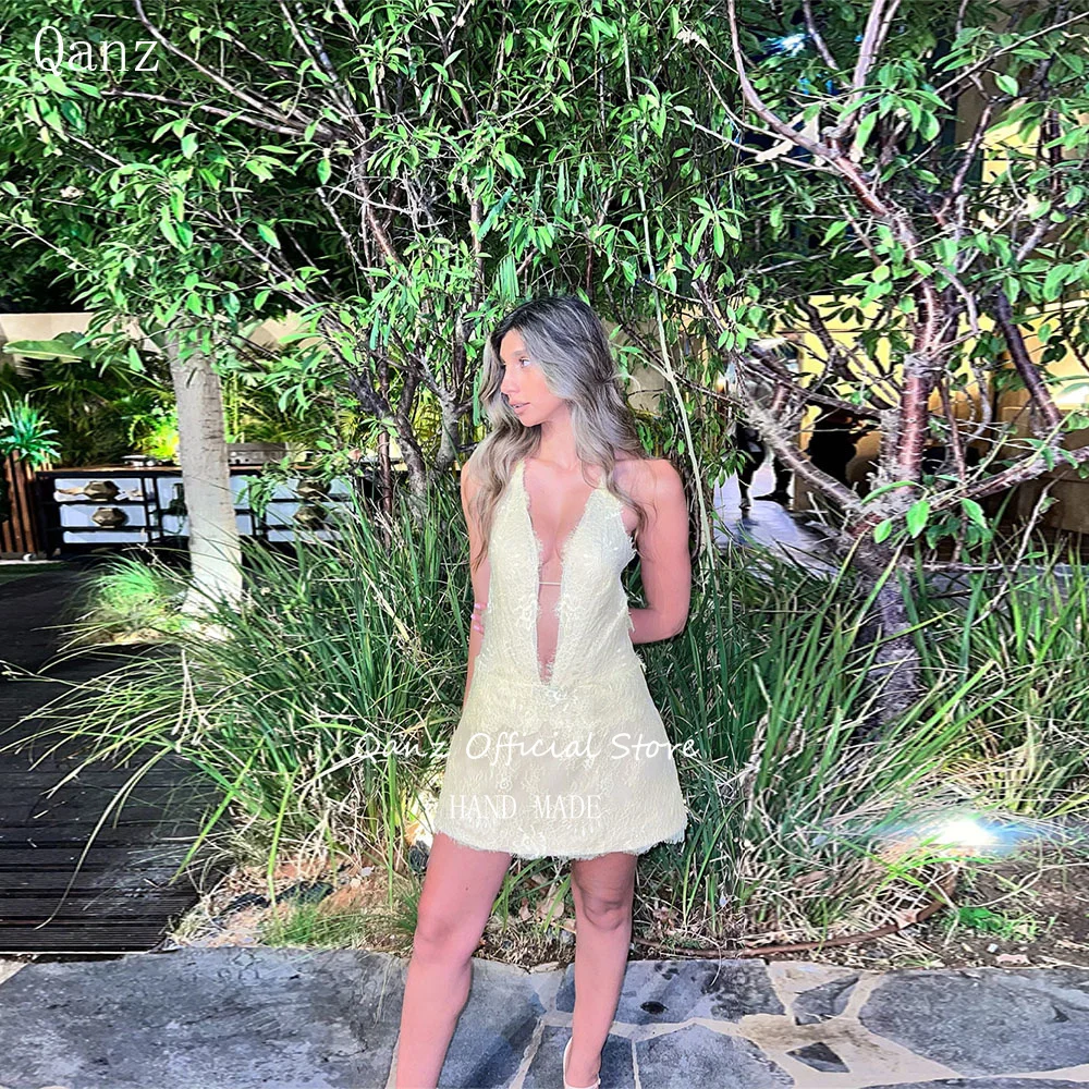 

Qanz Yellow Lace Prom Dresses Sexy Deep V Neck Gala Dresses Elegant Evening Party Mini Above Knee Birthday Dress Customized