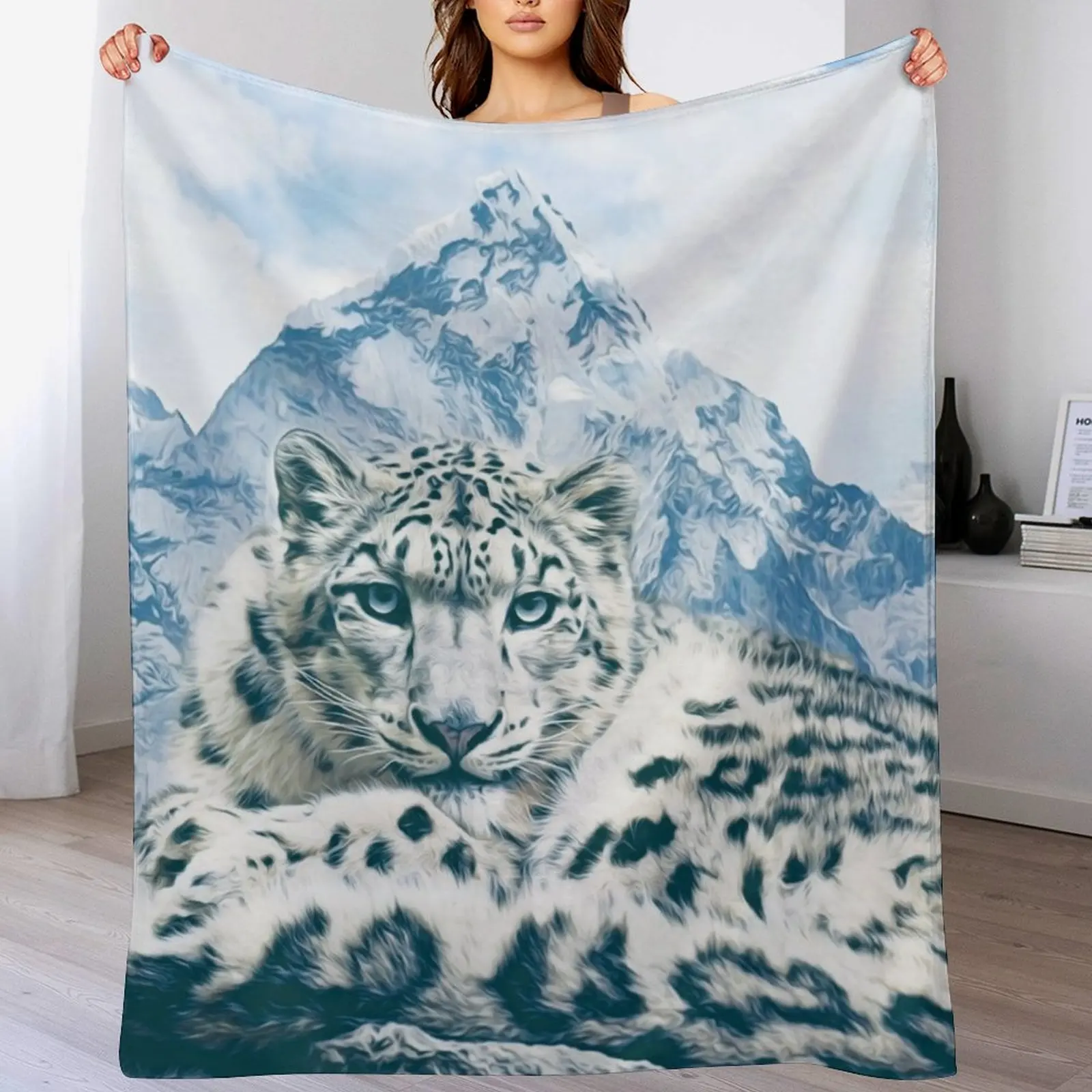 

Snow Leopard Over the Mountains Throw Blanket Portable Lightweight Blanket for Travel Camping