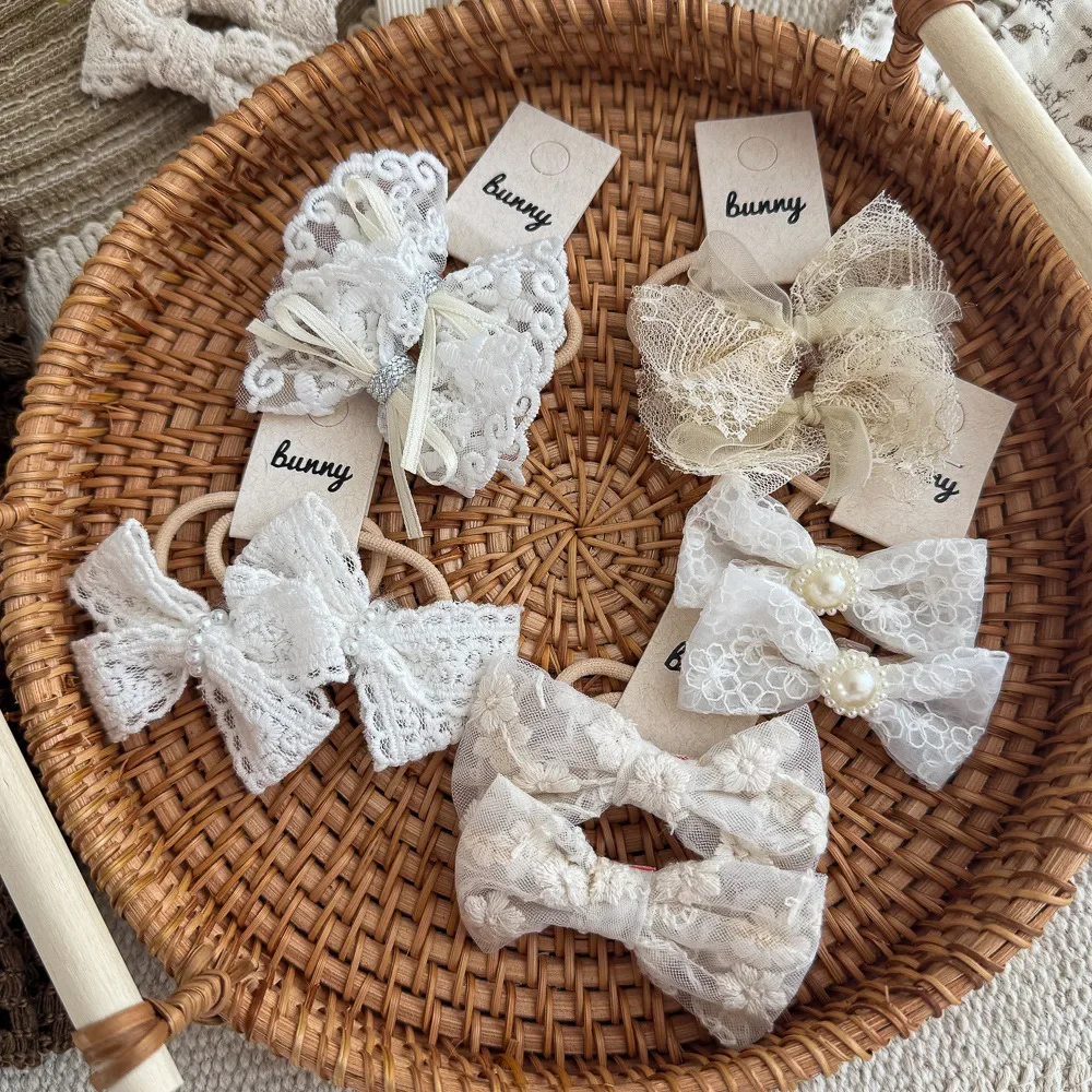 Sweet Retro Lace Bow Children Hair Loop Girls Baby Headband Small Rubber Band Cute Beige White Kids Headwear Princess Hair Rope