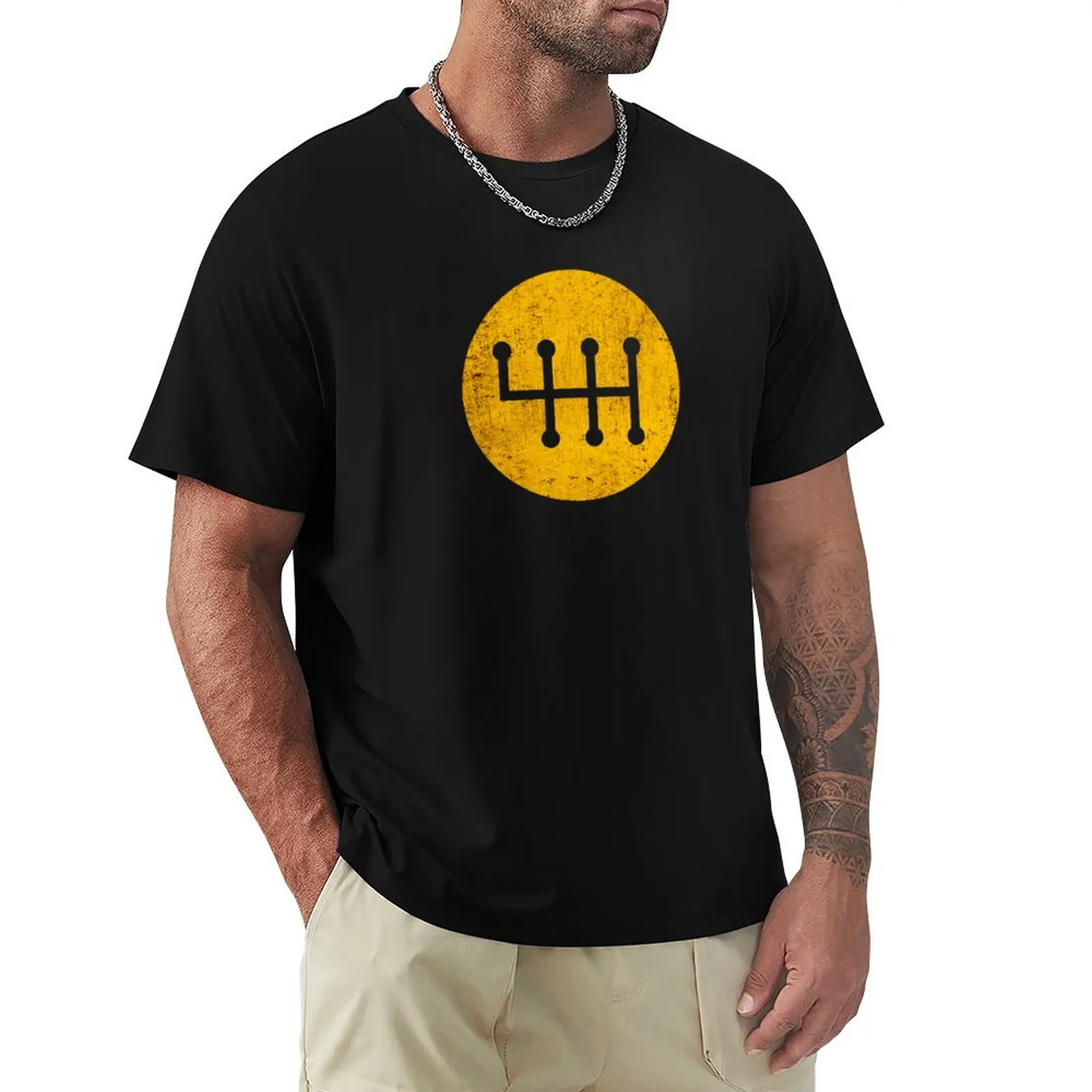 Yellow grungy 6-speed manual shift pattern T-Shirt Durable Work Wear T-Shirt