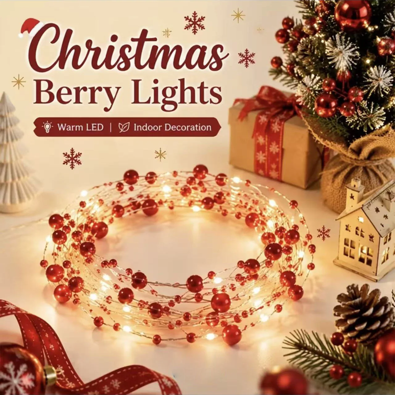 Red White Pearl LED String Lights Fairy Copper Wire Green Leaf Vine Battery Powered Home Wedding Christmas Holiday Decor Party