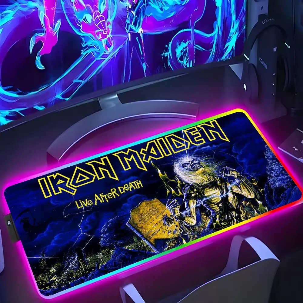 I-Iron M-Rock M-Maiden Mouse Pad RGB Luminous 900X400mm Large Table Mat Non-slip Extra Large Game Office Mouse Pad