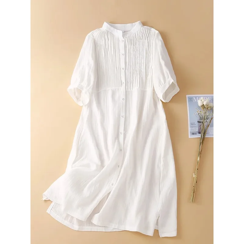 

Cotton Women Clothes New Organ Pleats Stand Collar Short Sleeve Mini Dresses Patchwork Pleated Shirt Dress Vestido De Festa N606