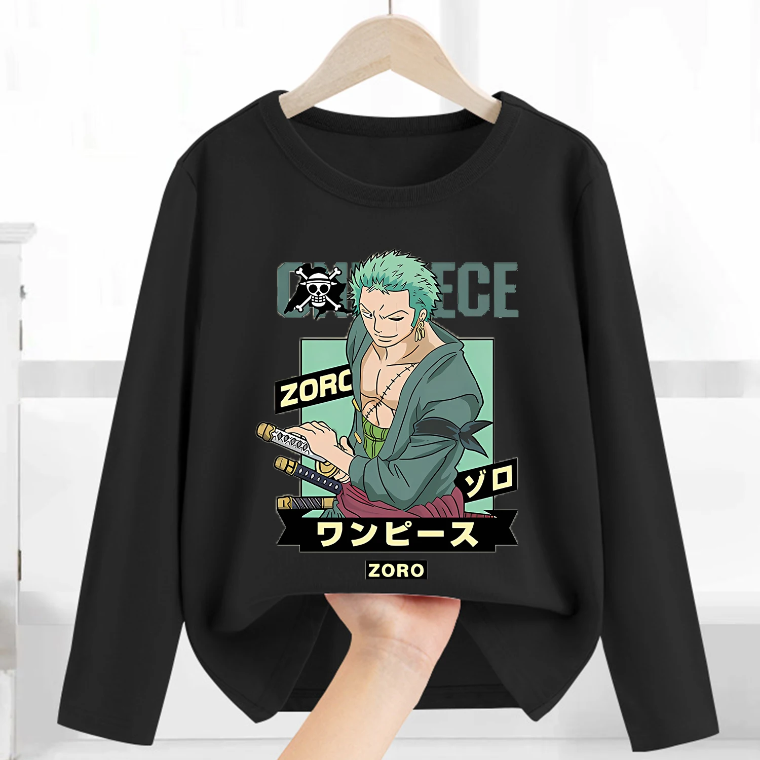 One Piece Luffy Long Sleeve for Children Zoro Anime Clothing Fashion Boy Black Caftan Kids Clothes Round Neck Blouse Top Gift