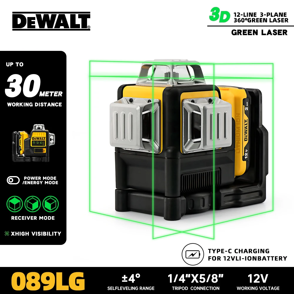 DEWALT DW089LG 12V Laser Level  12 Lines 3 Sides*360 Degree Self-Leveling Horizontal And Vertical Cross Line Construction Tools
